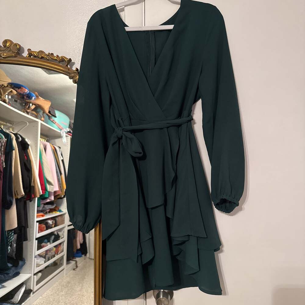 Womens Dress Deep V-neck Long Sleeve Waist Tie Ruffle Mini Swing Skater Dresses